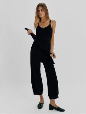 Suzi Kondi Black Giorgi tank velour jumpsuit with elastic waist.